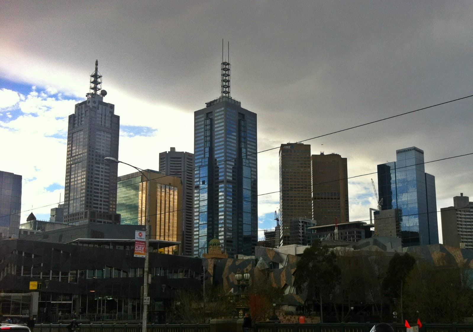 Melbourne CBD skyline viewed from the bridge near the Arts Centre