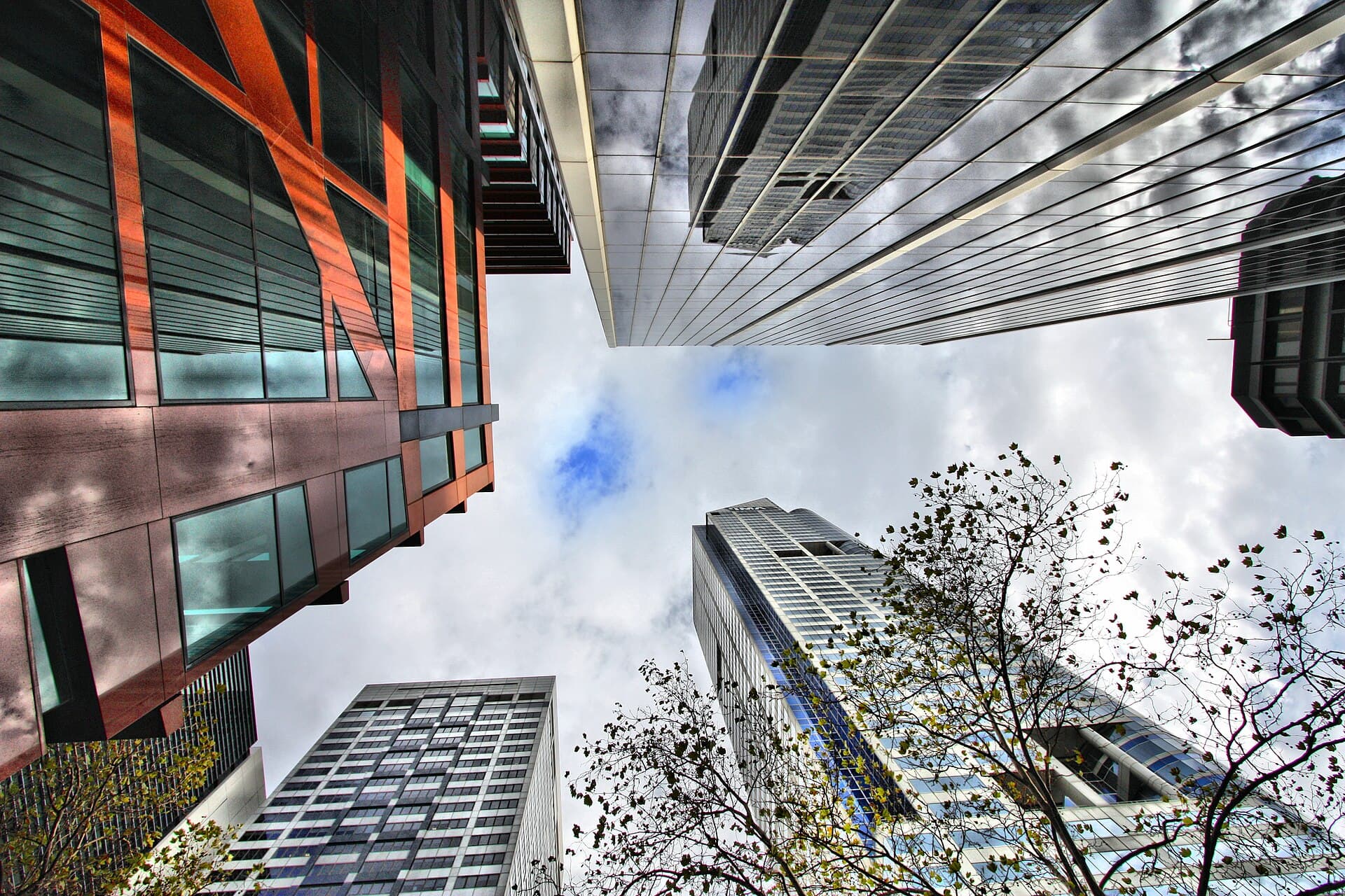 Looking up at commercial towers on Bourke Street in Melbourne